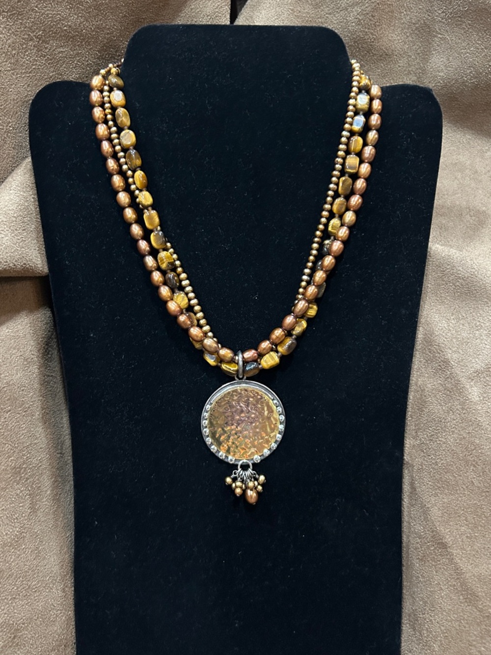Multistrand Necklace with Tiger’s Eye, Bronze Pearls & Sterling Silver
